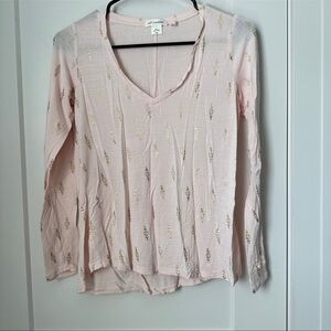 Self Esteem Pale Pink Long Sleeve V-Neck Top with Gold Foil Details